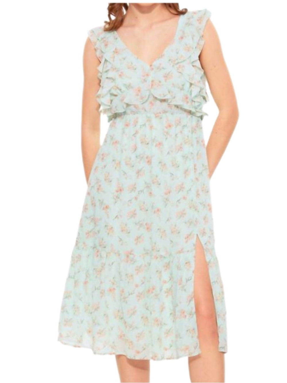 Dex Mint Floral Ruffle Midi Dress with Side Slit